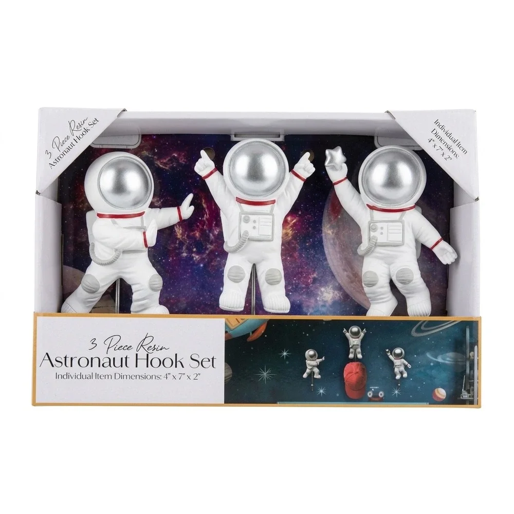 NIB! 3 Piece Resin Astronaut‎ Hook Set White Silver Spaceman Wall Hanger HK1113